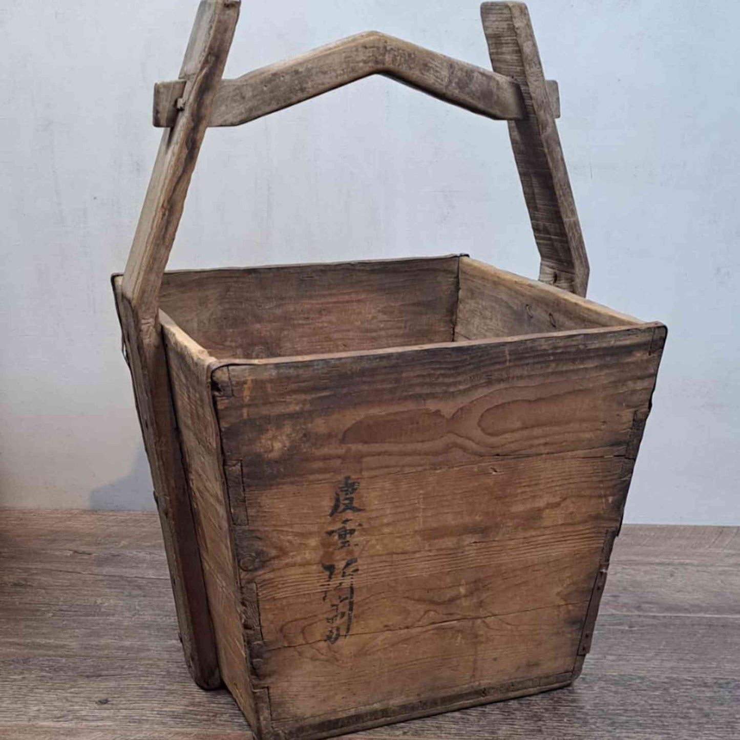 Vintage Chinese Wooden Rice Basket Box with Handle