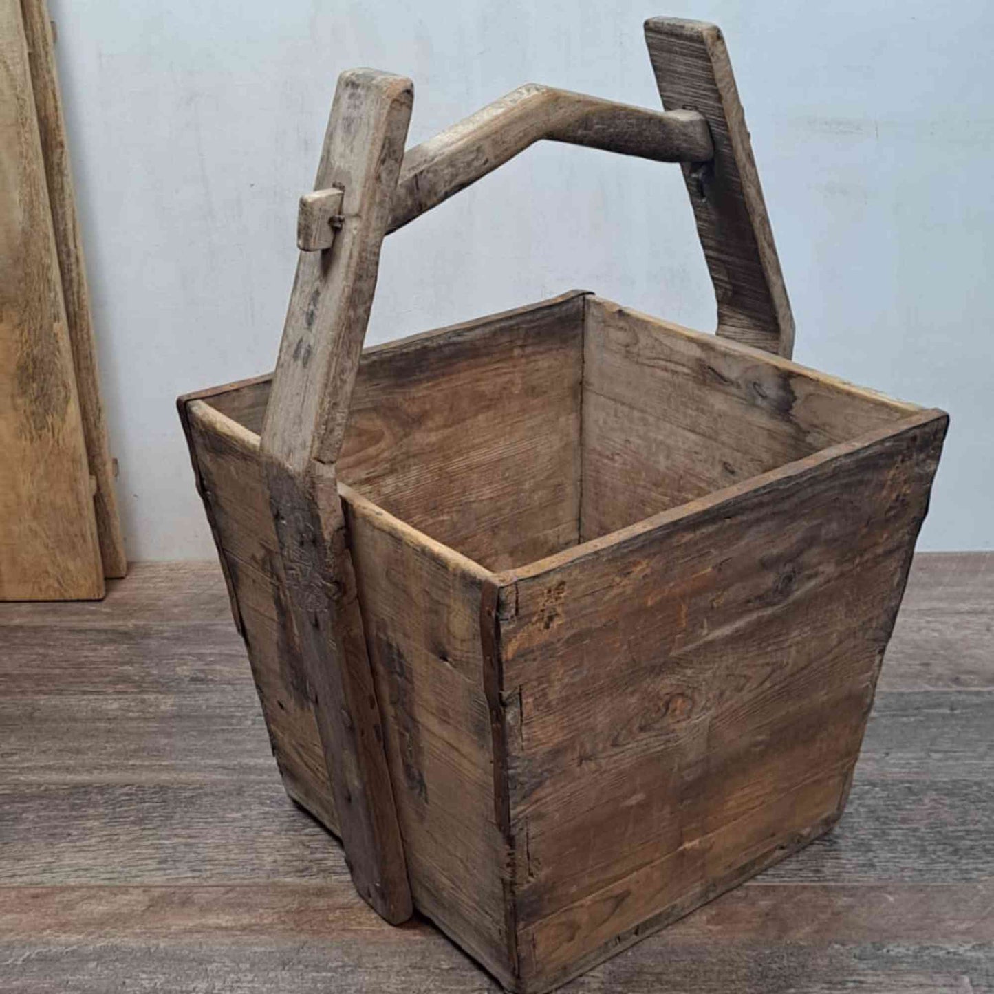 Vintage Chinese Wooden Rice Basket Box with Handle