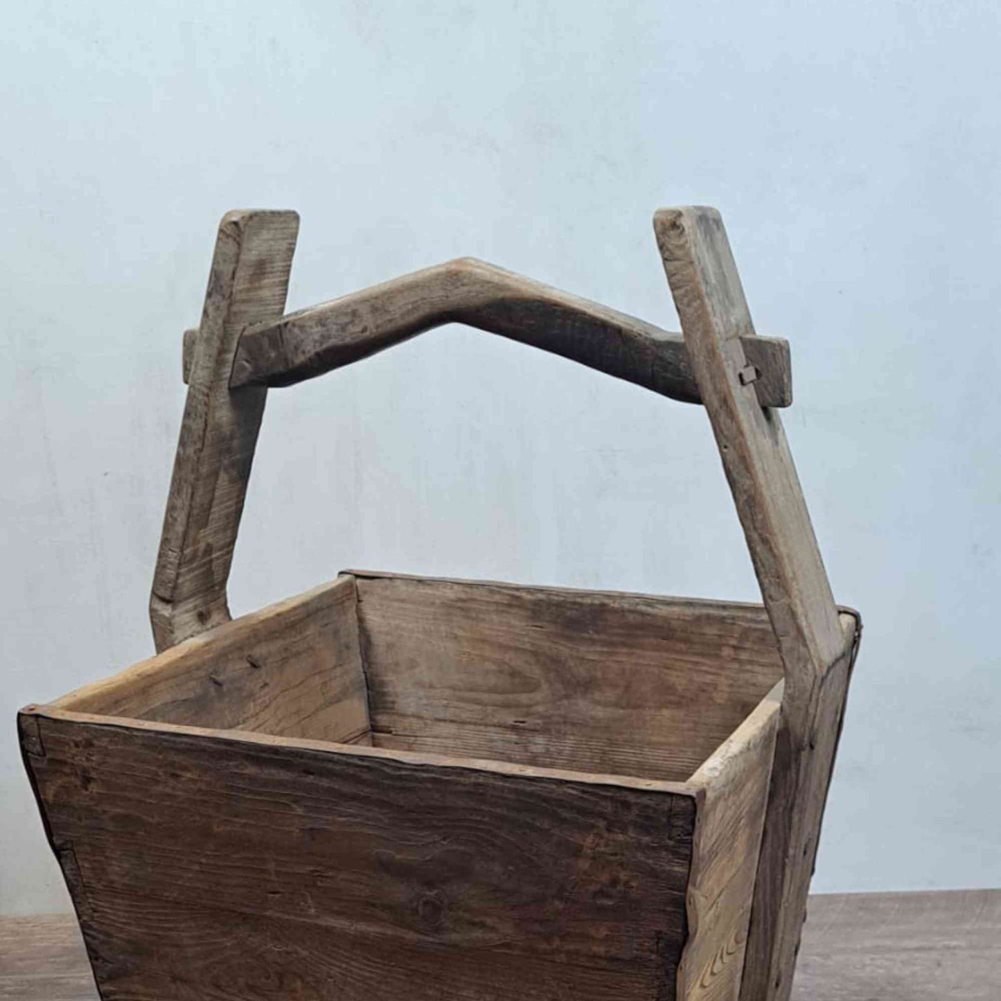 Vintage Chinese Wooden Rice Basket Box with Handle