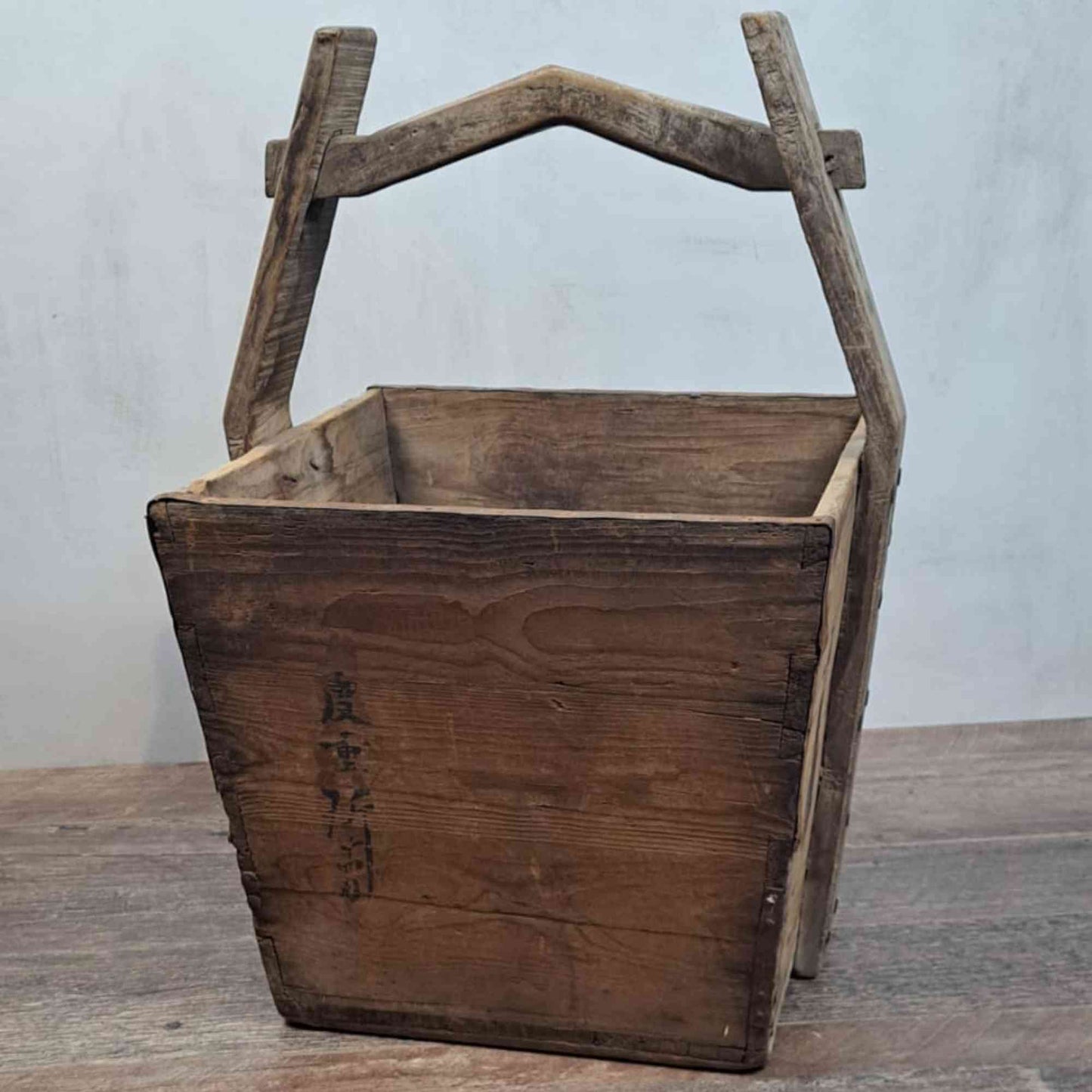 Vintage Chinese Wooden Rice Basket Box with Handle