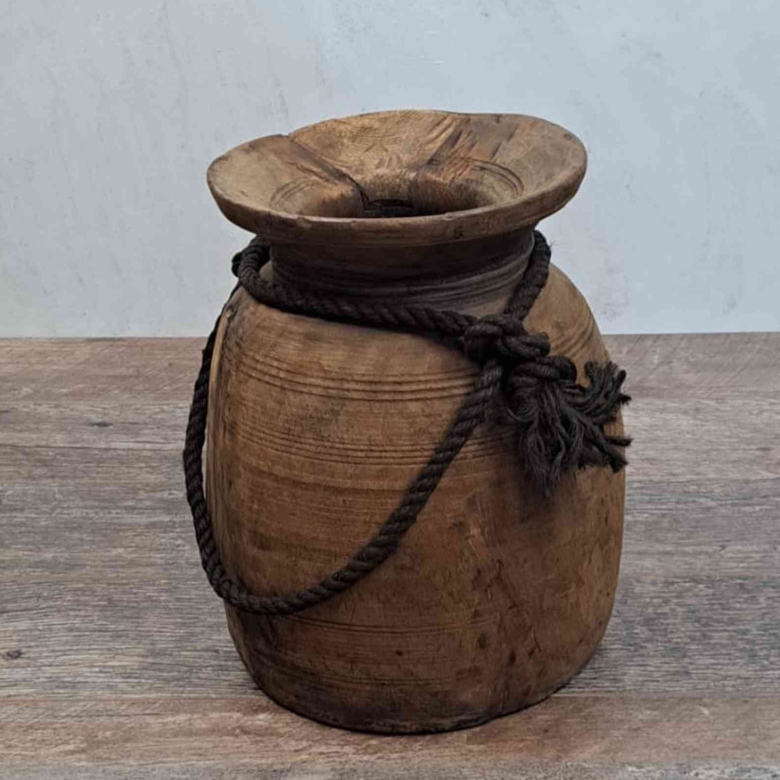 Antique Wooden Himachal Pot with rope, brown