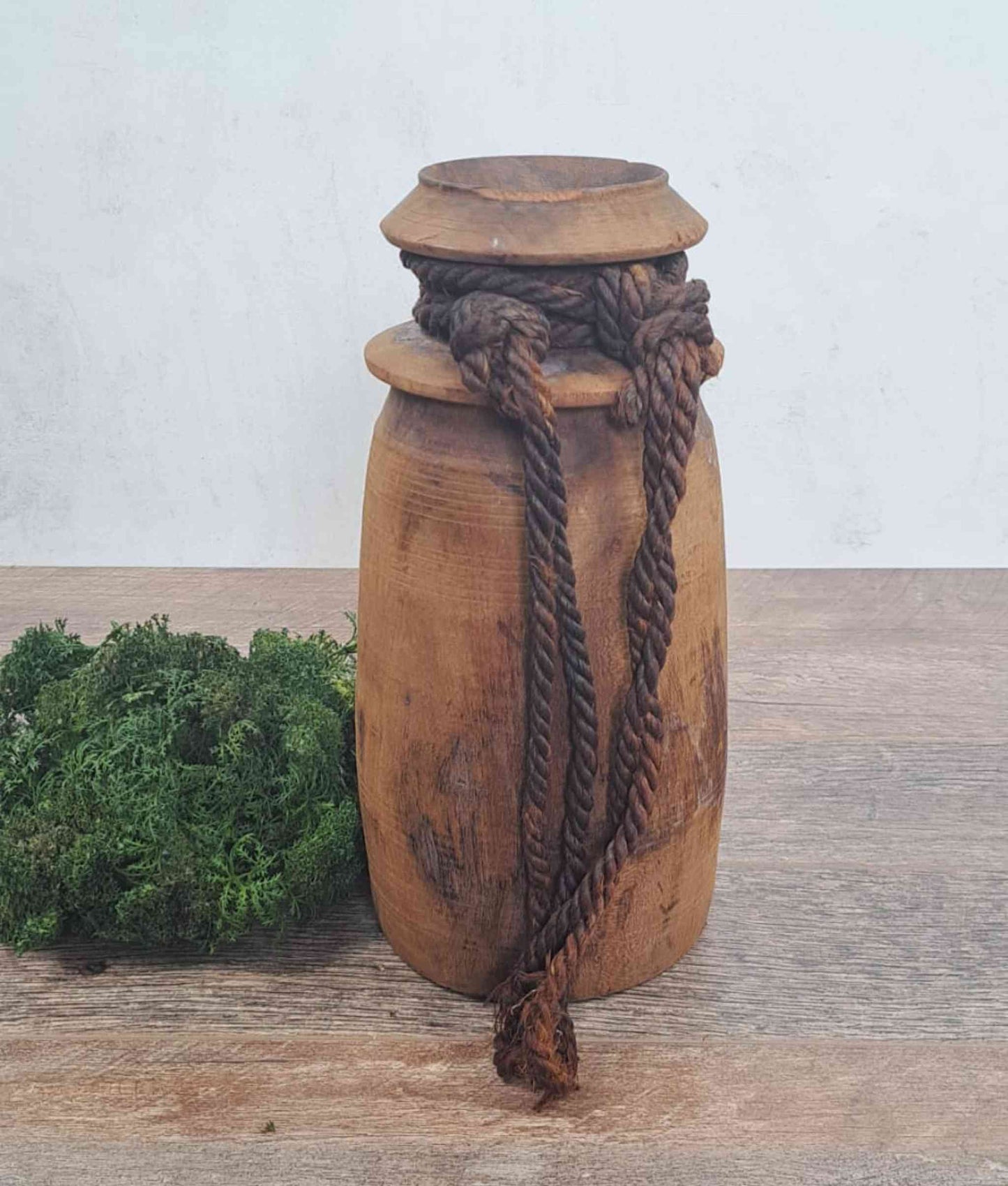 Antique Wooden Himachal Pot with rope, brown