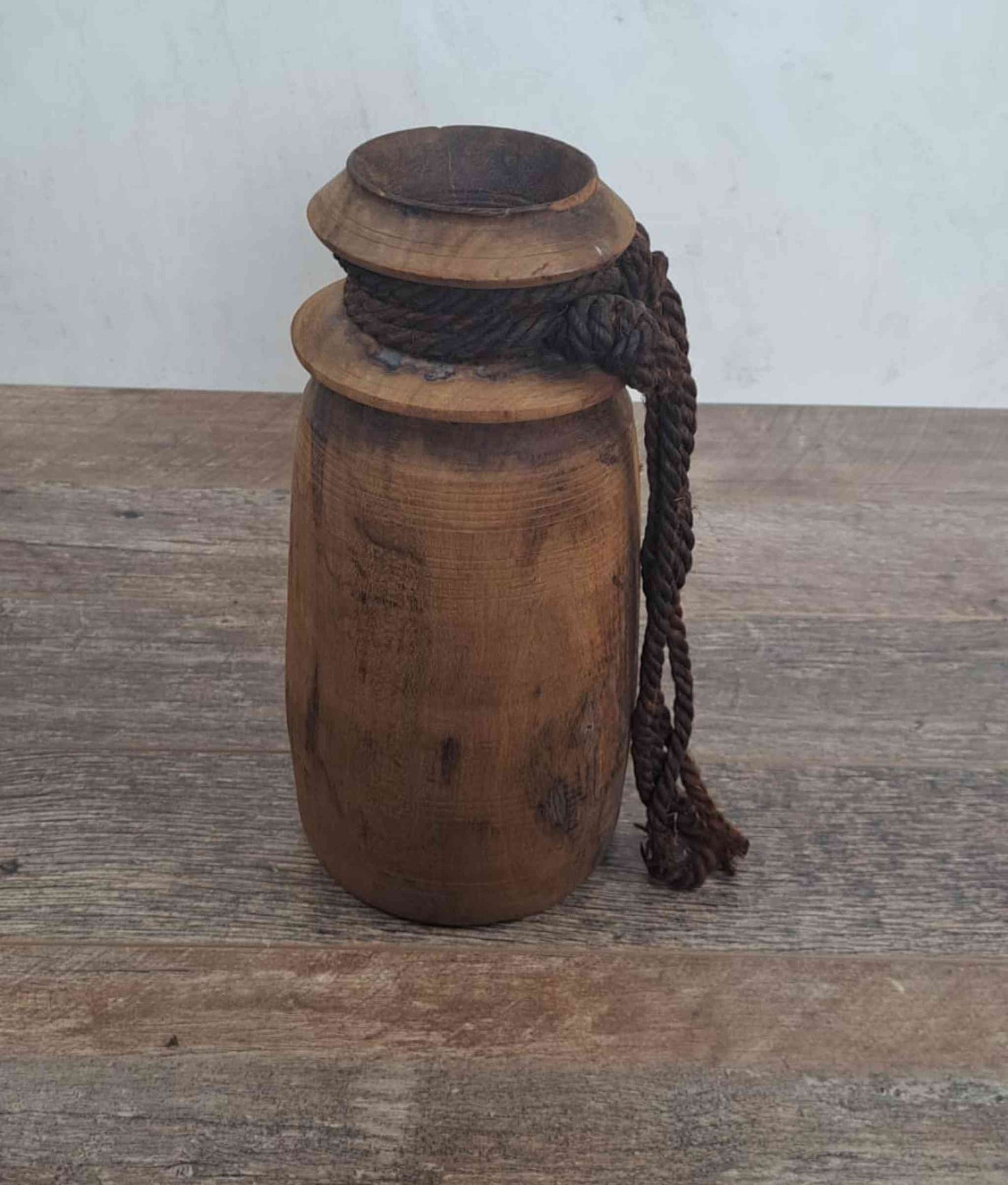 Antique Wooden Himachal Pot with rope, brown