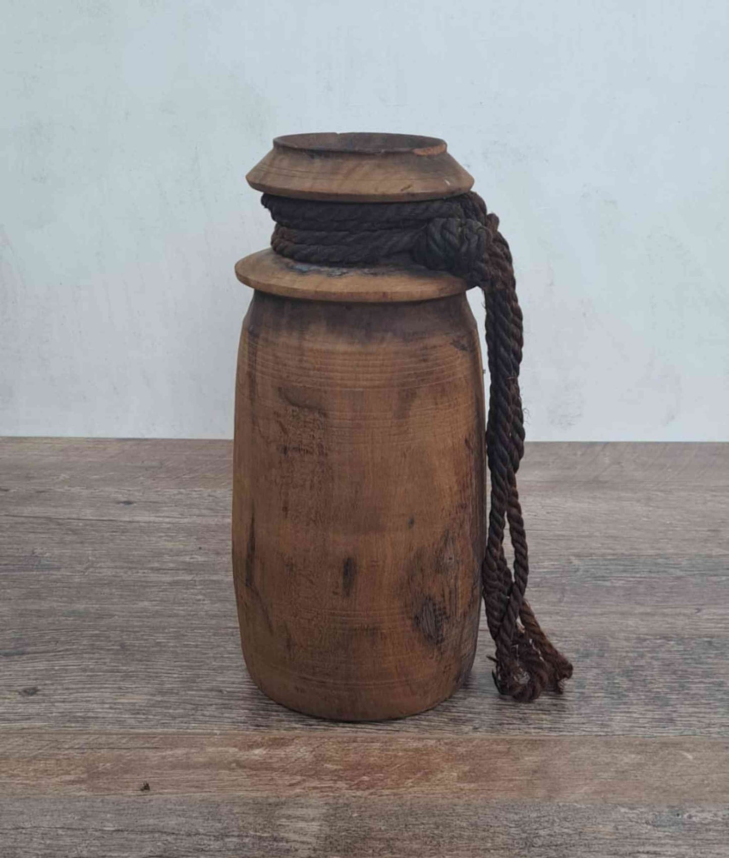 Antique Wooden Himachal Pot with rope, brown