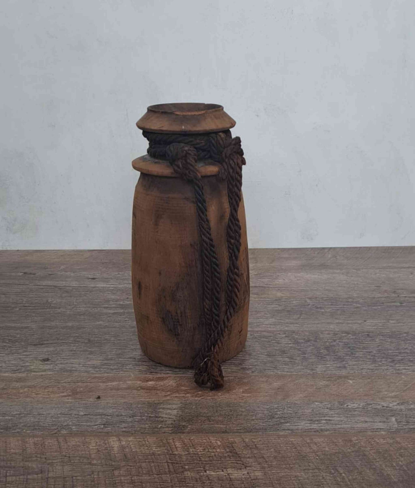 Antique Wooden Himachal Pot with rope, brown