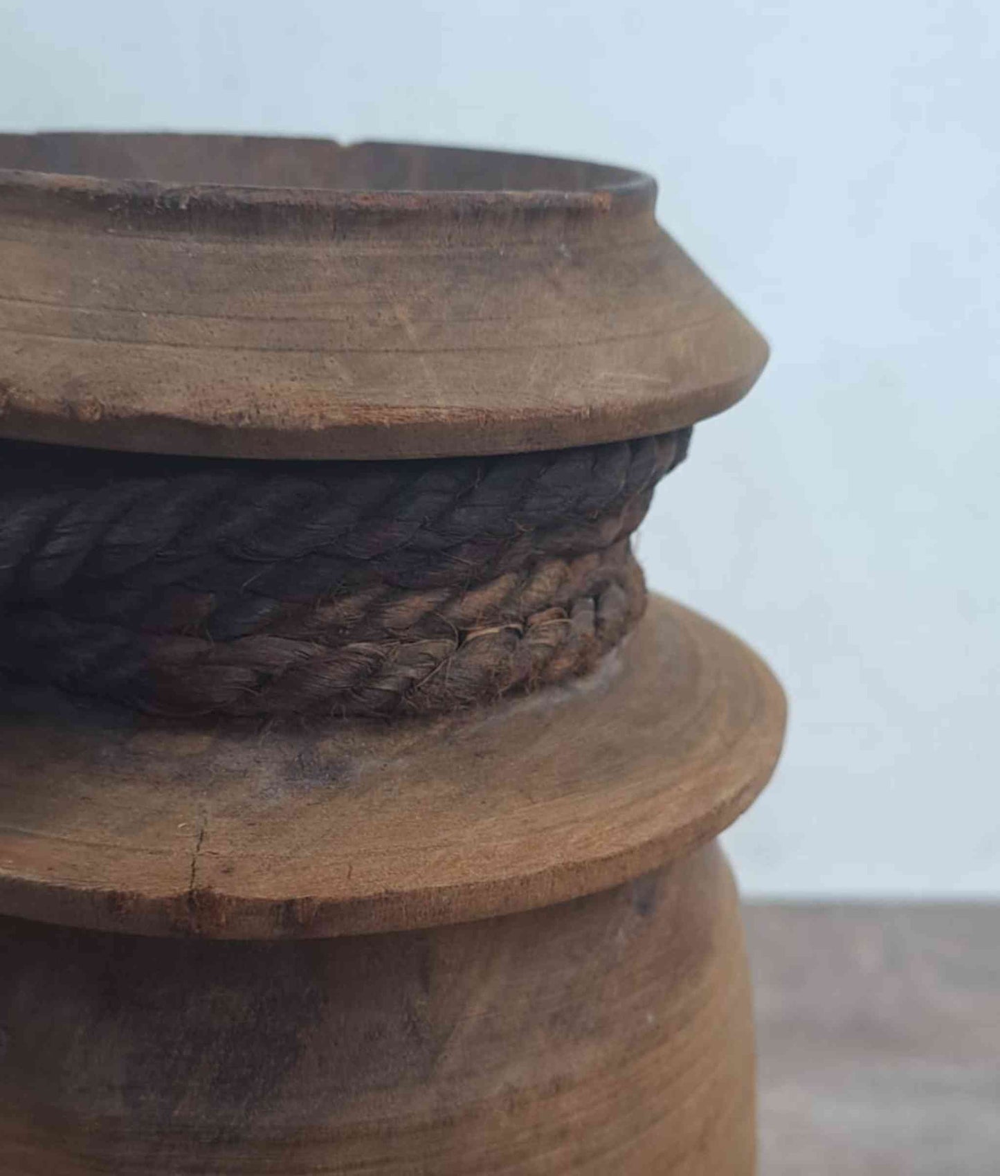 Antique Wooden Himachal Pot with rope, brown