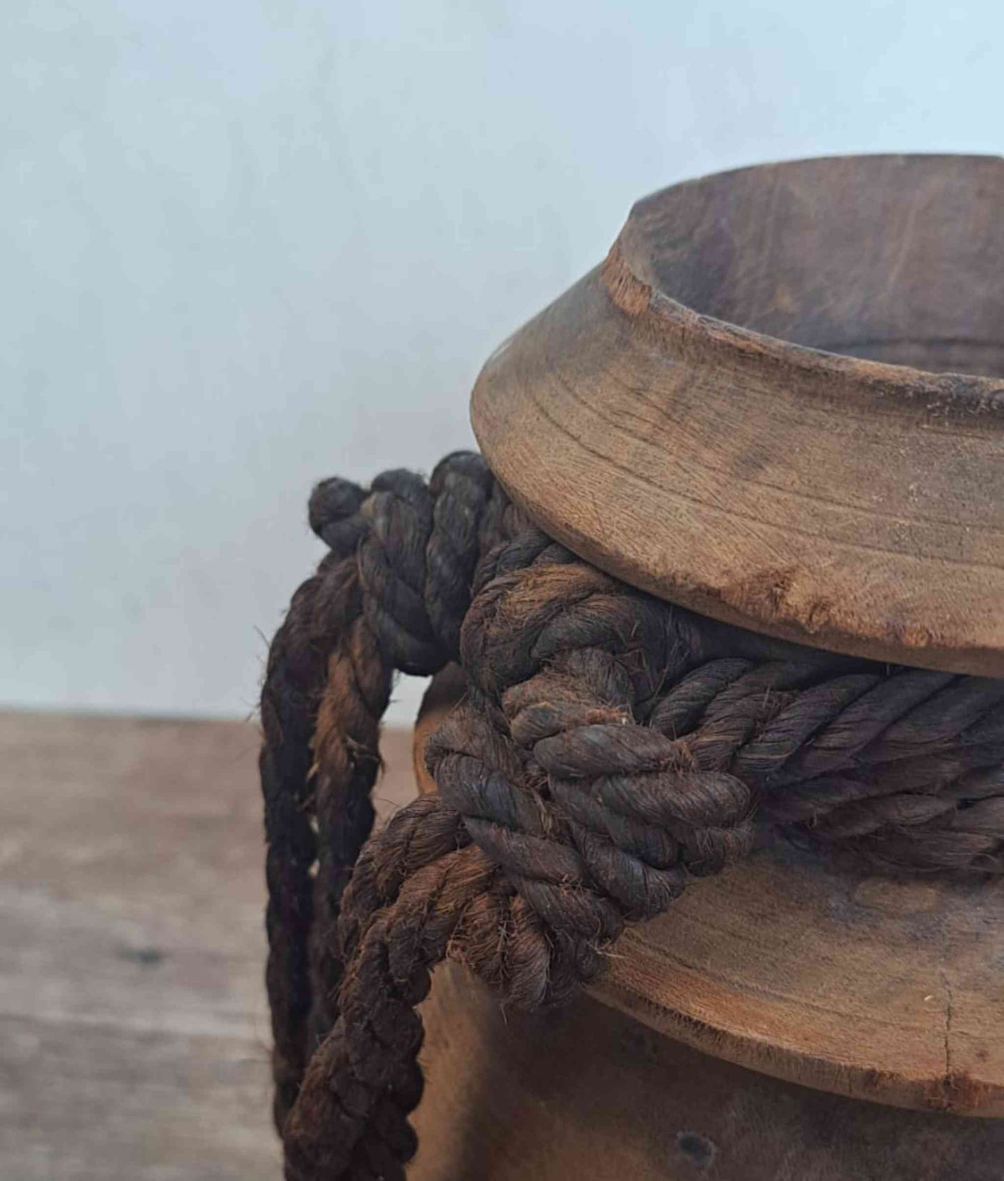 Antique Wooden Himachal Pot with rope, brown