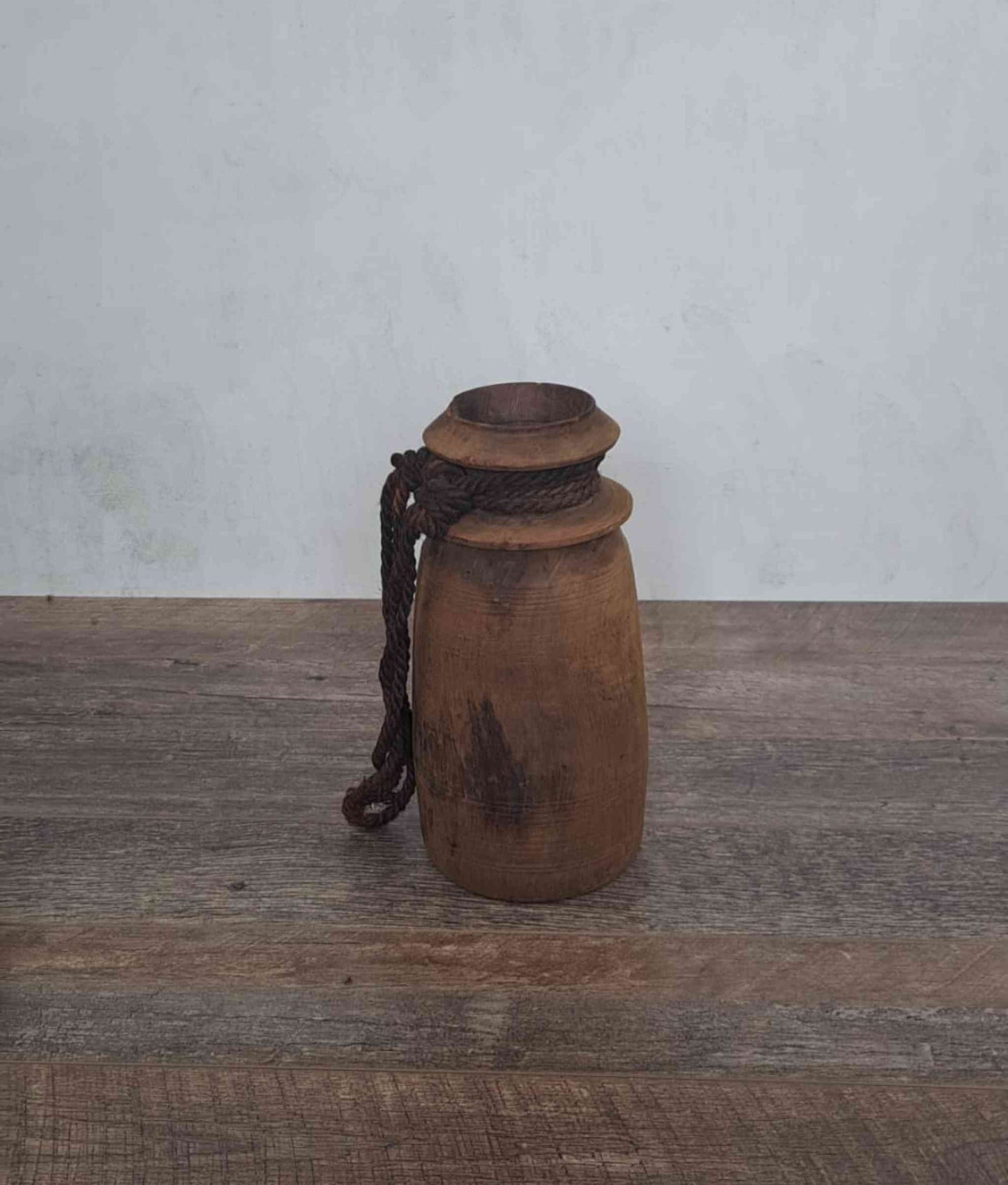 Antique Wooden Himachal Pot with rope, brown