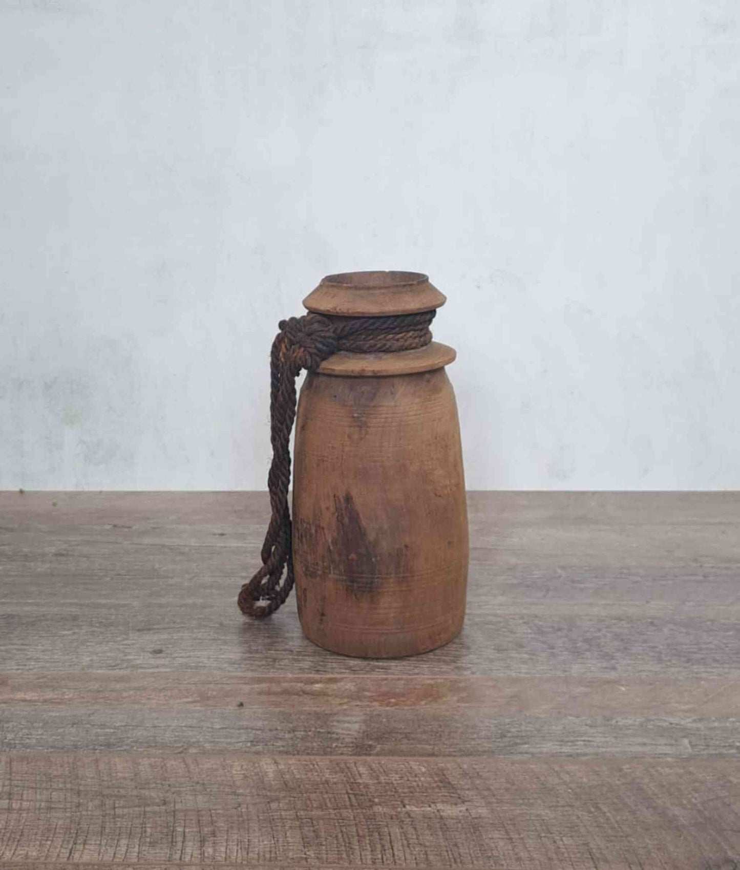 Antique Wooden Himachal Pot with rope, brown