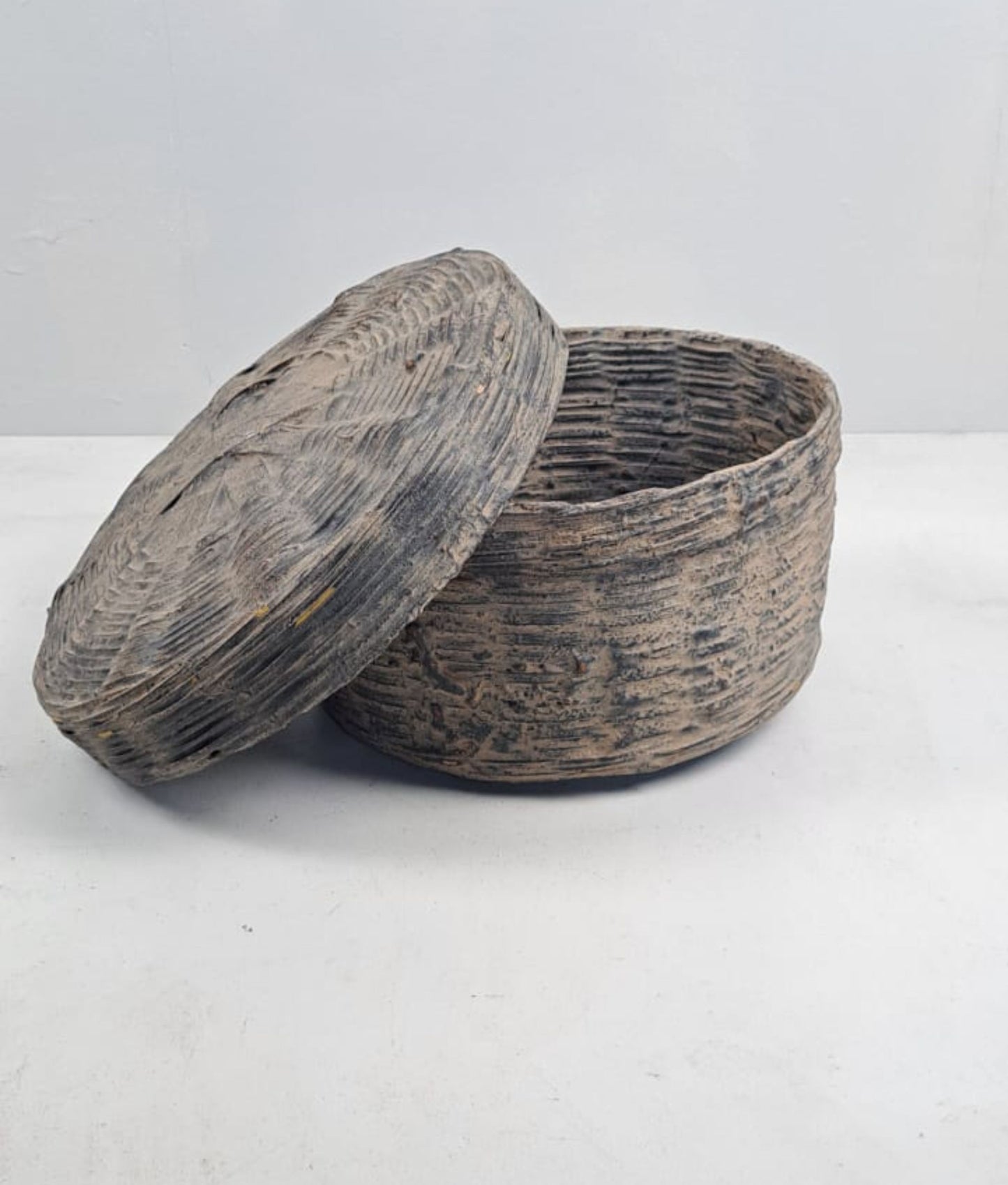 Wicker and Clay Bhutanese Lidded Basket - L