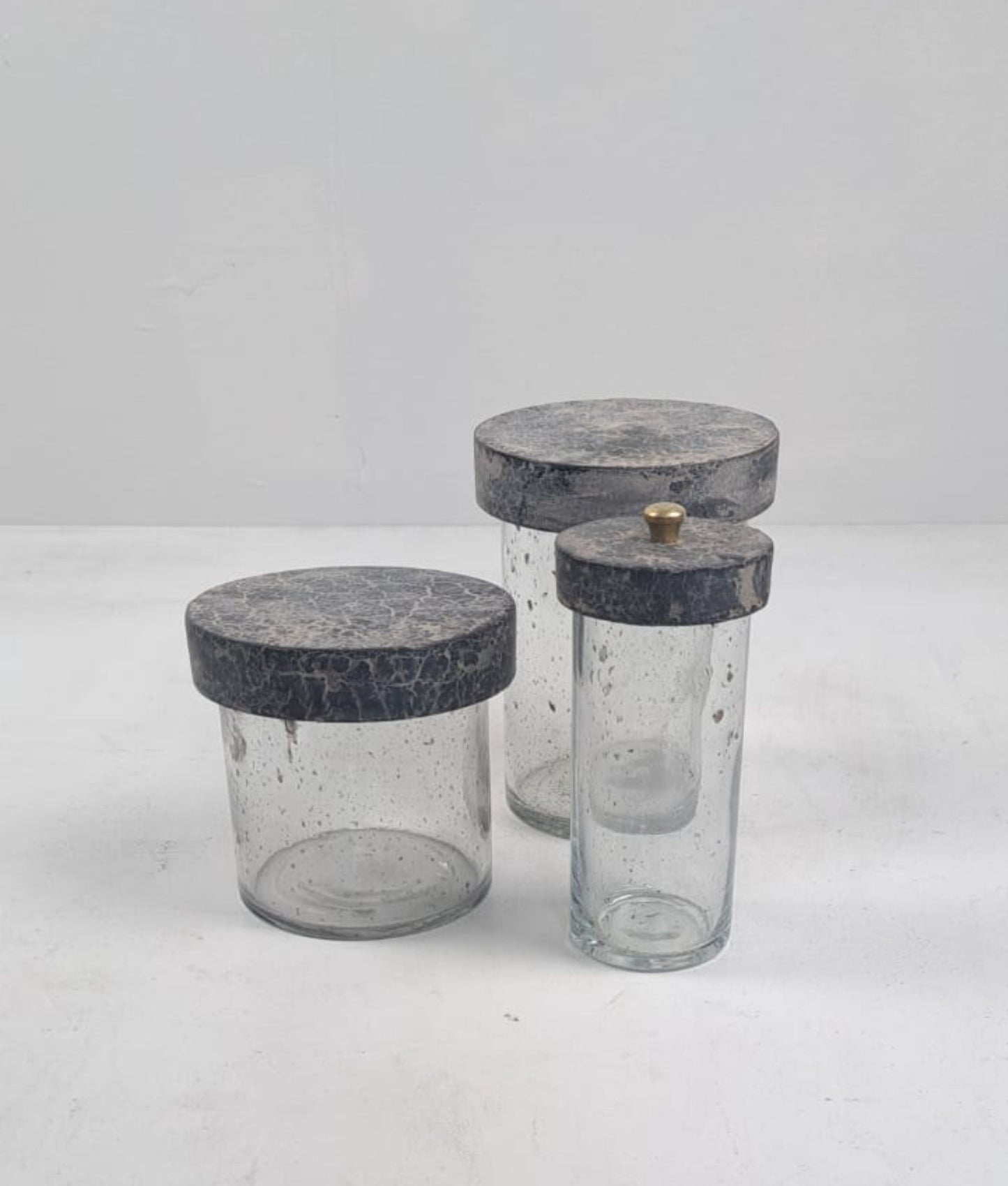 Set of 3 Mouthblown Glass Lidded Storage Jars