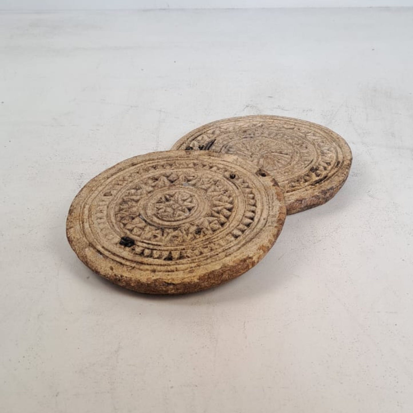 Set of 2 Handcarved Clay/Stone Coasters from India