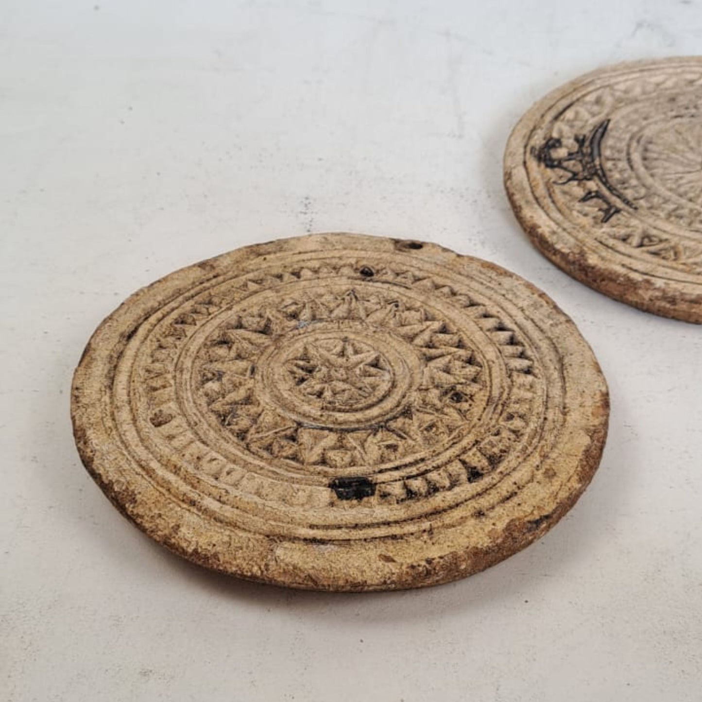 Set of 2 Handcarved Clay/Stone Coasters from India