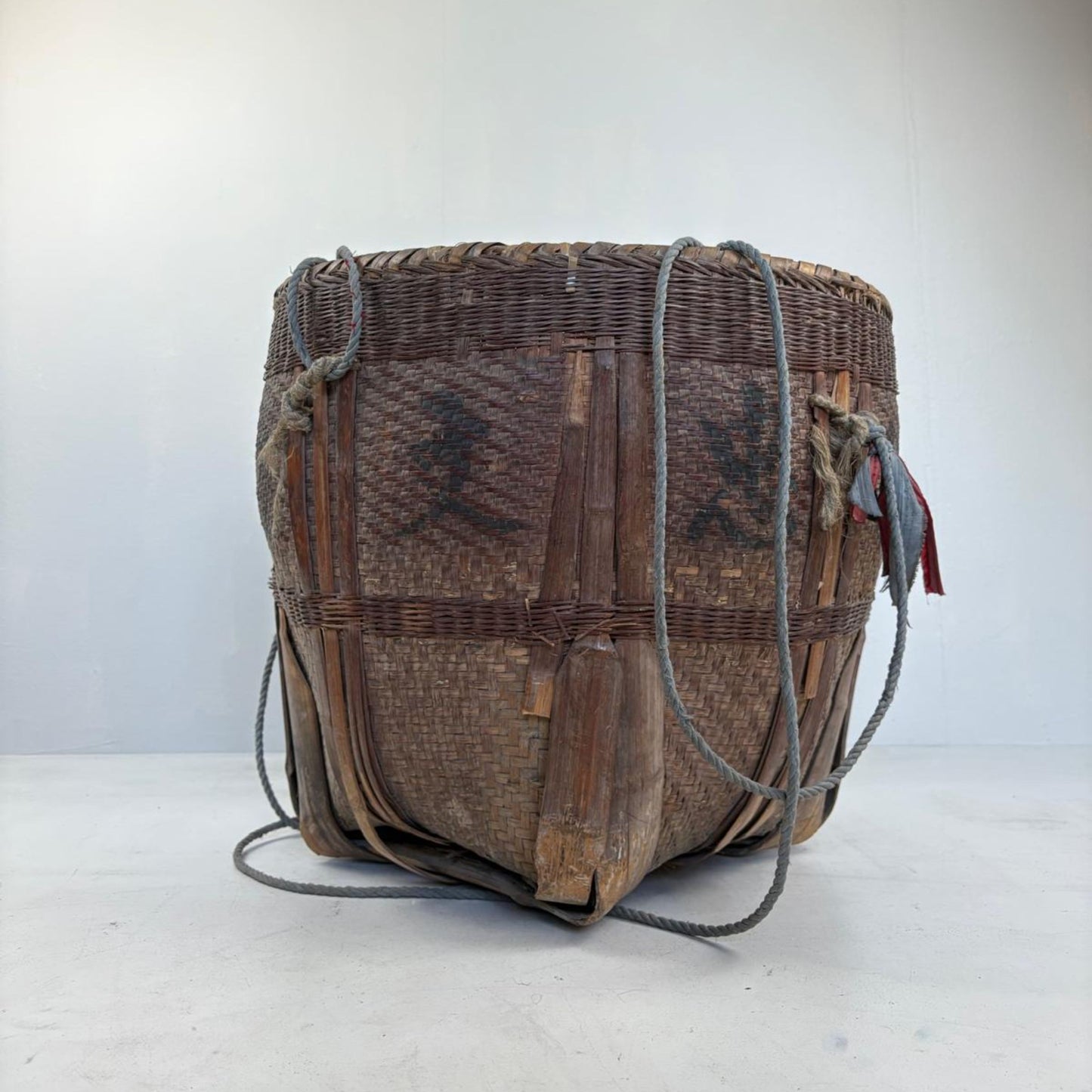 Antique Chinese Reed Grass Basket with Rope Detail - 1900s 