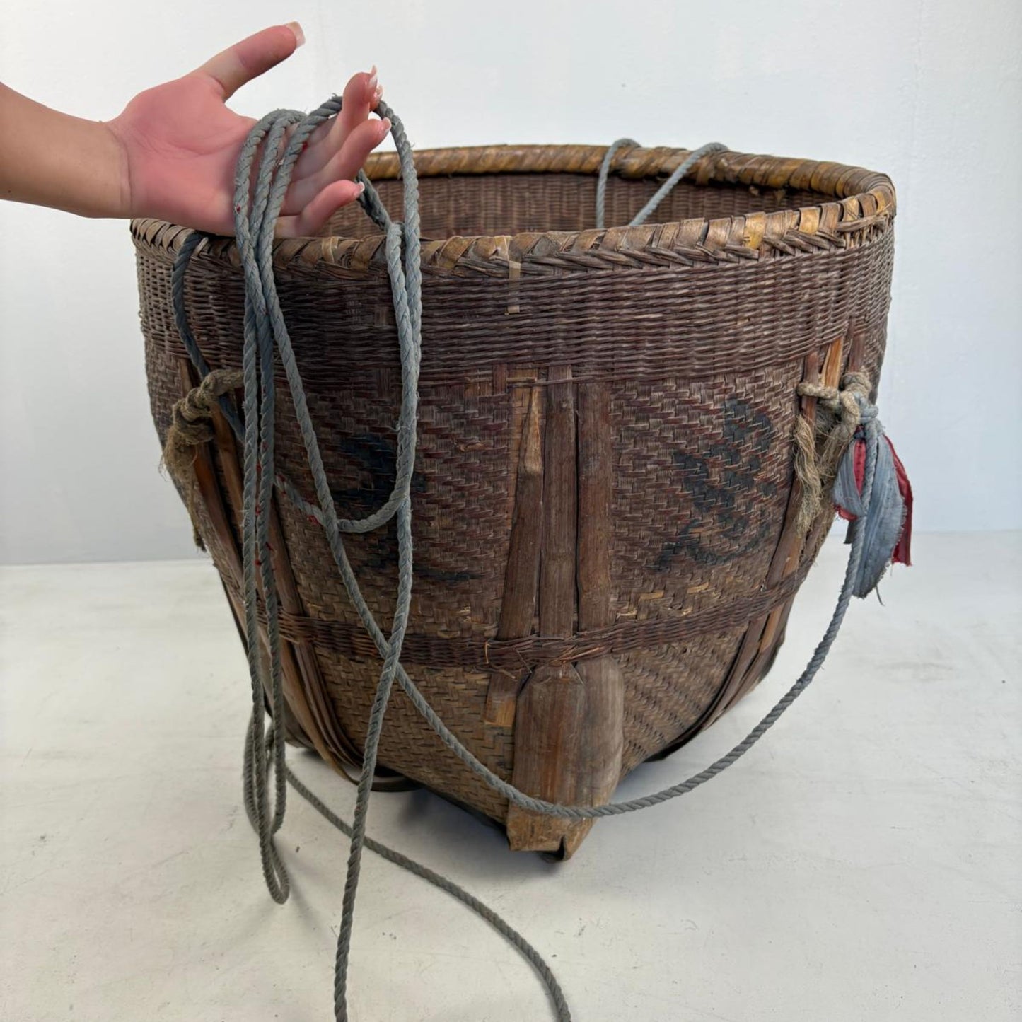 Antique Chinese Reed Grass Basket with Rope Detail - 1900s 