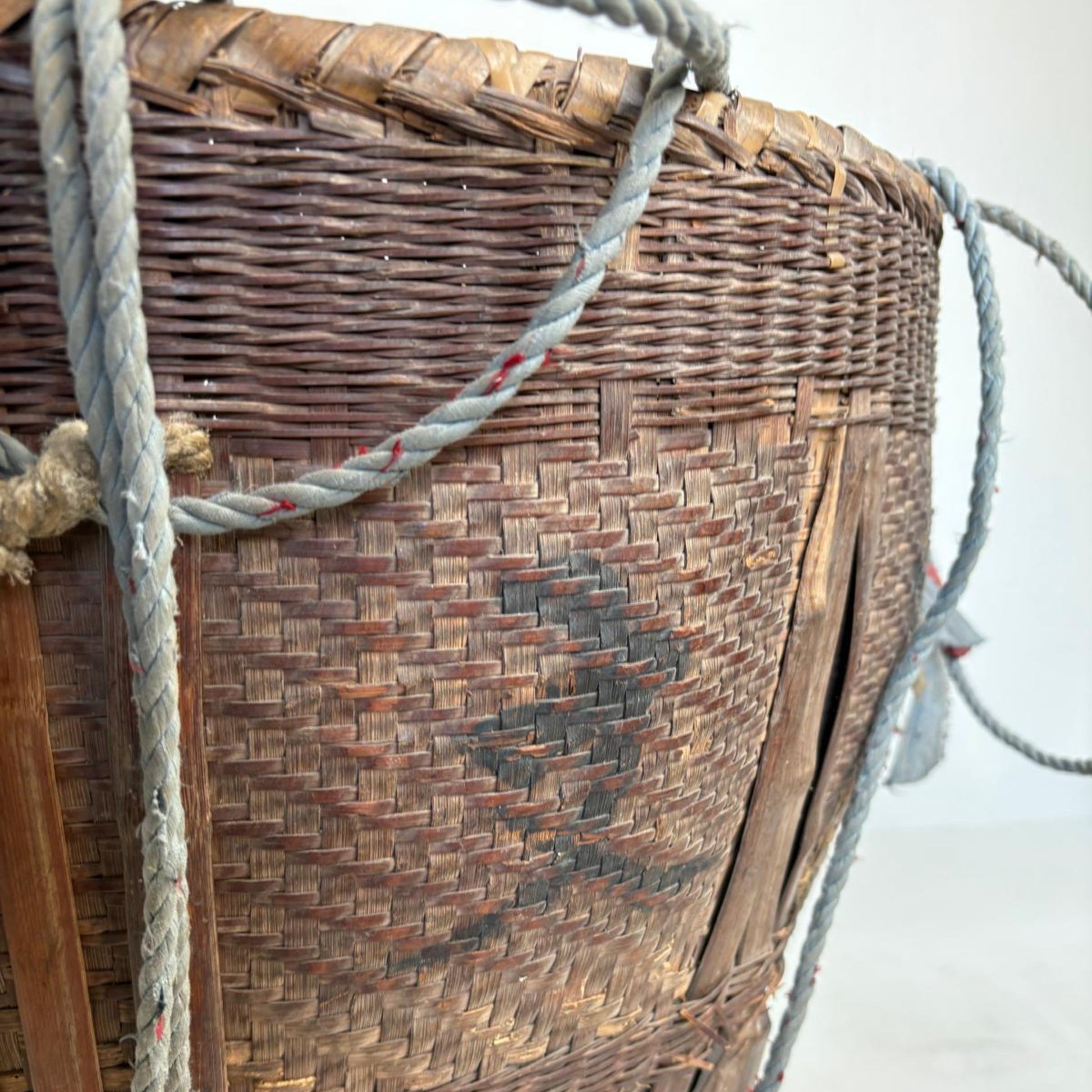 Antique Chinese Reed Grass Basket with Rope Detail - 1900s 