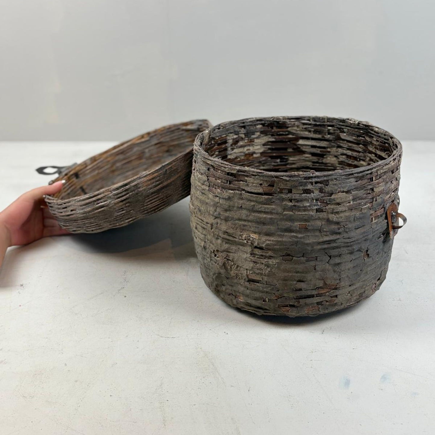 Wicker and Clay Bhutanese Basket with Hinged Lid