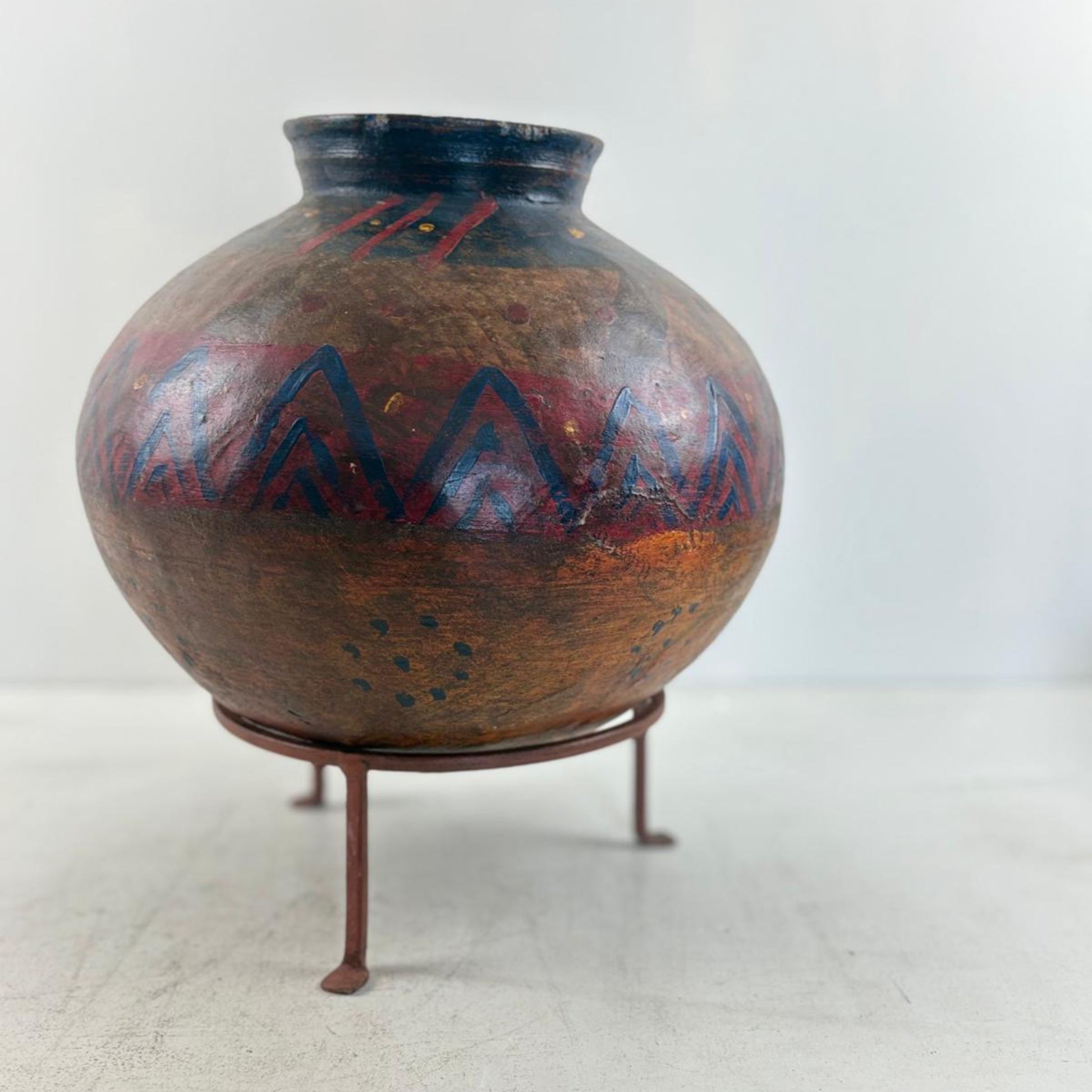 Vintage Indian Clay Water Vessel Vase with Stand