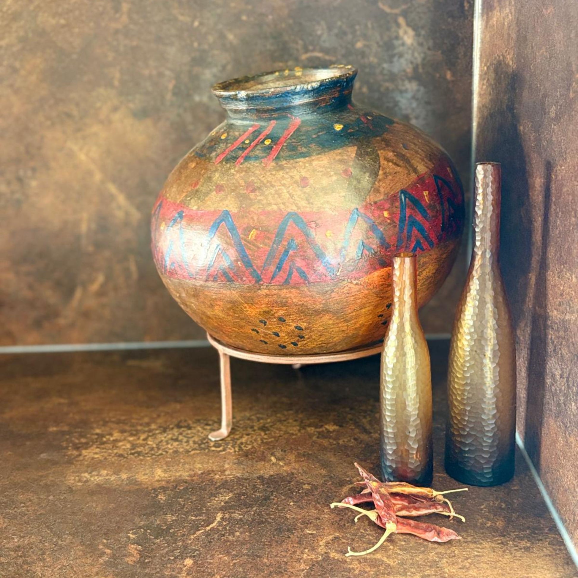 Vintage Indian Clay Water Vessel Vase with Stand