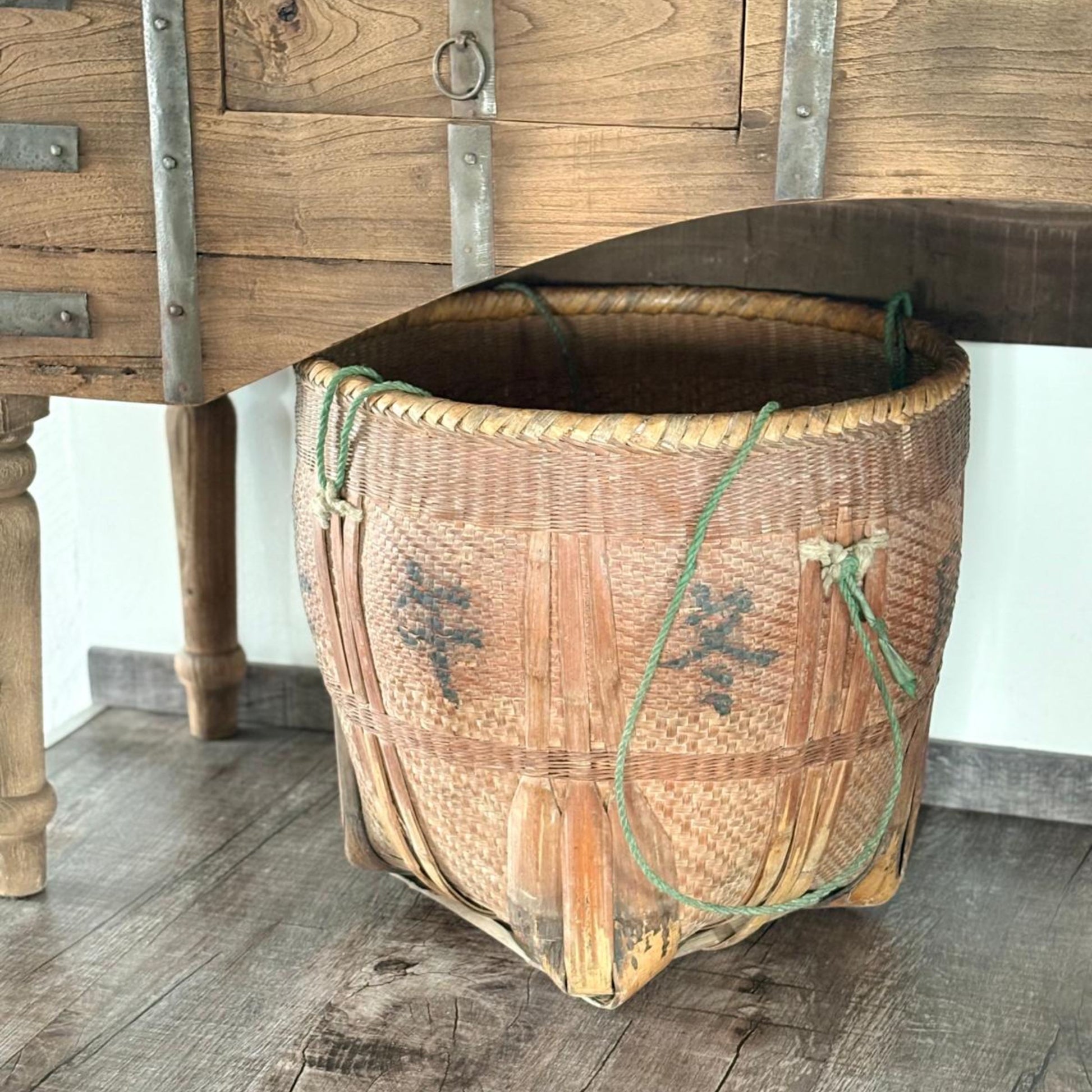 Antique Chinese Reed Grass Basket with Rope Detail - Houbali, Shandong Province, China