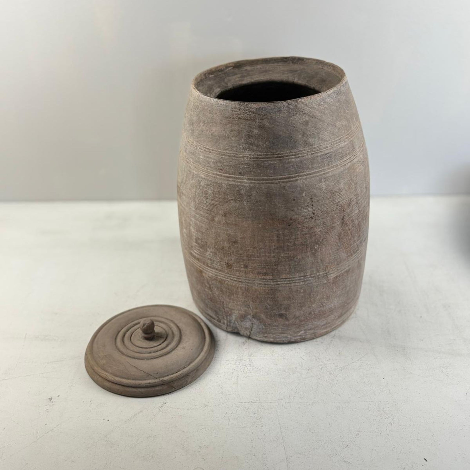 Unique Vintage Wooden Lidded Tabacco Pot - Kata, Tibet