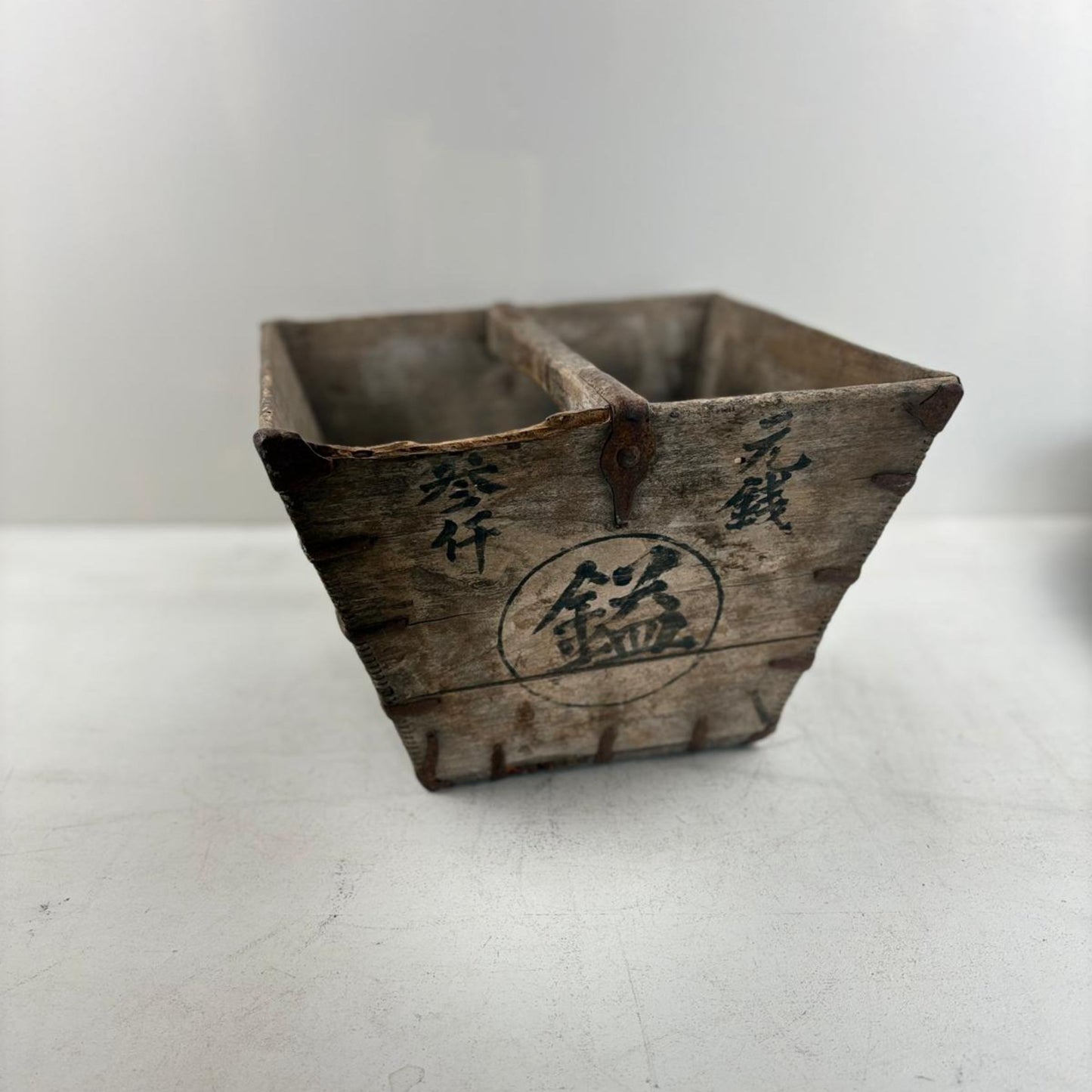 Vintage Chinese Wooden Rice Basket Box with Handle - Guangdong Province, China