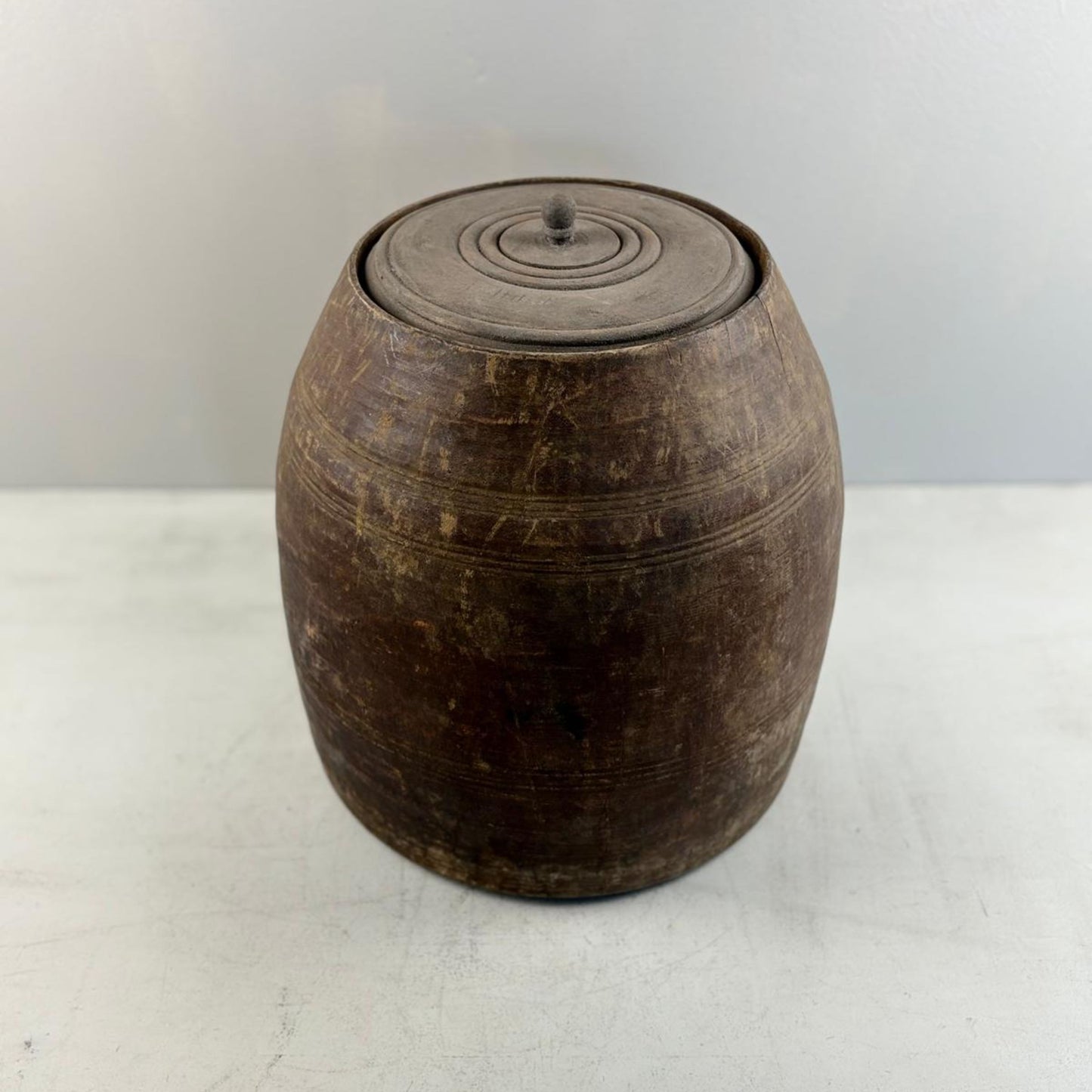Unique Vintage Wooden Lidded Tabacco Pot - Kata, Tibet