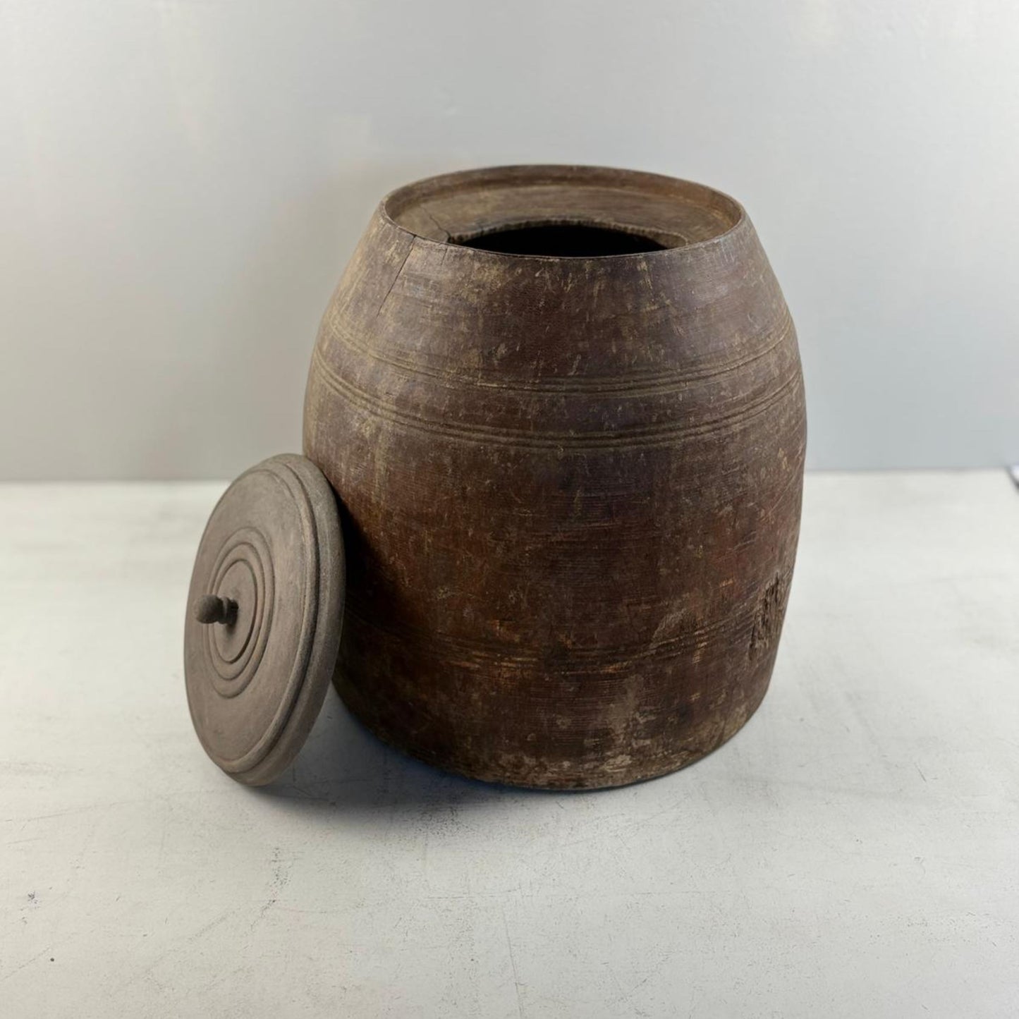 Unique Vintage Wooden Lidded Tabacco Pot - Kata, Tibet