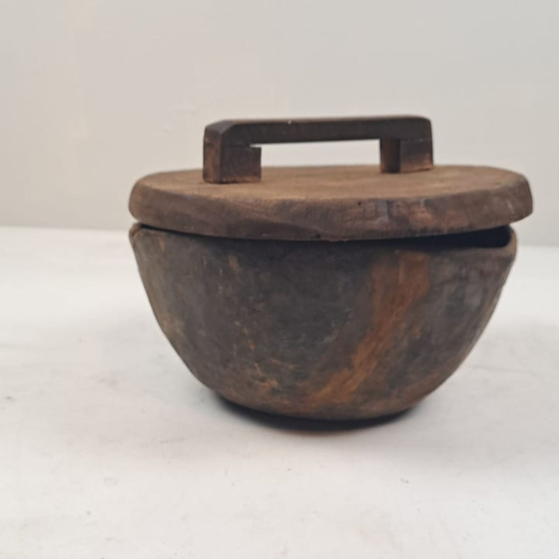 Unique Vintage Wooden Lidded Pot from Indonesia