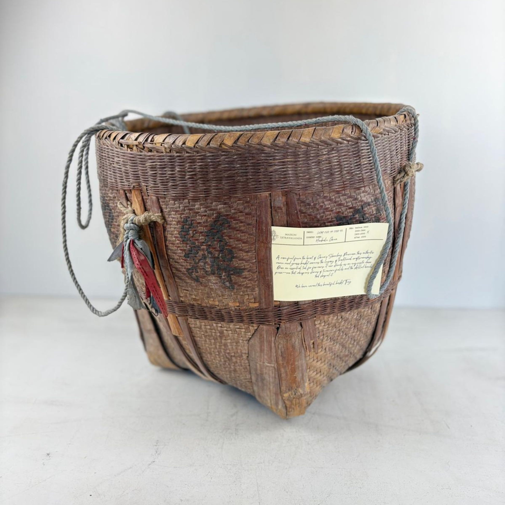 Antique Chinese Reed Grass Basket with Rope Detail - Houbali, Shandong Province, China