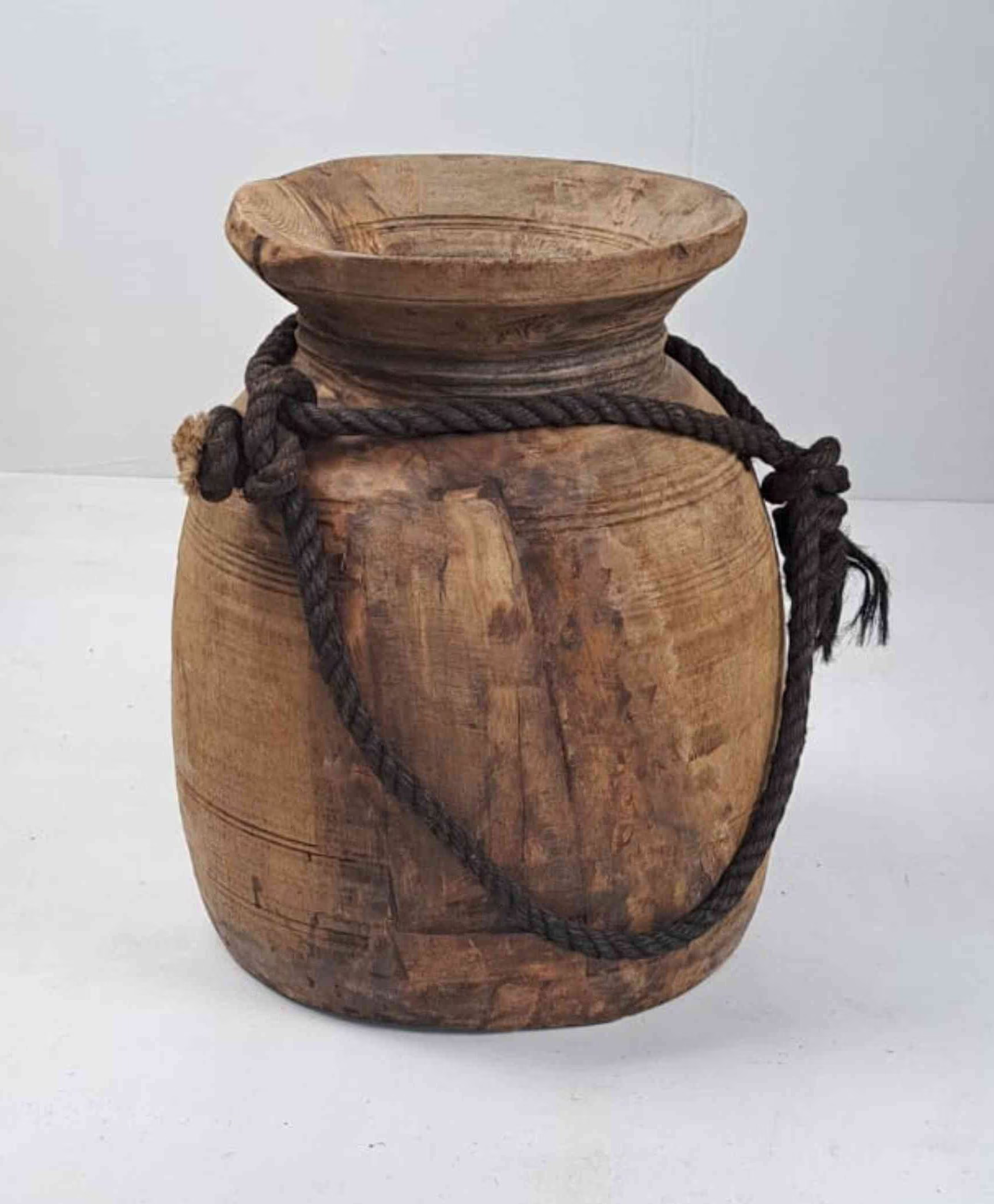 Antique Wooden Himachal Pot with rope, brown